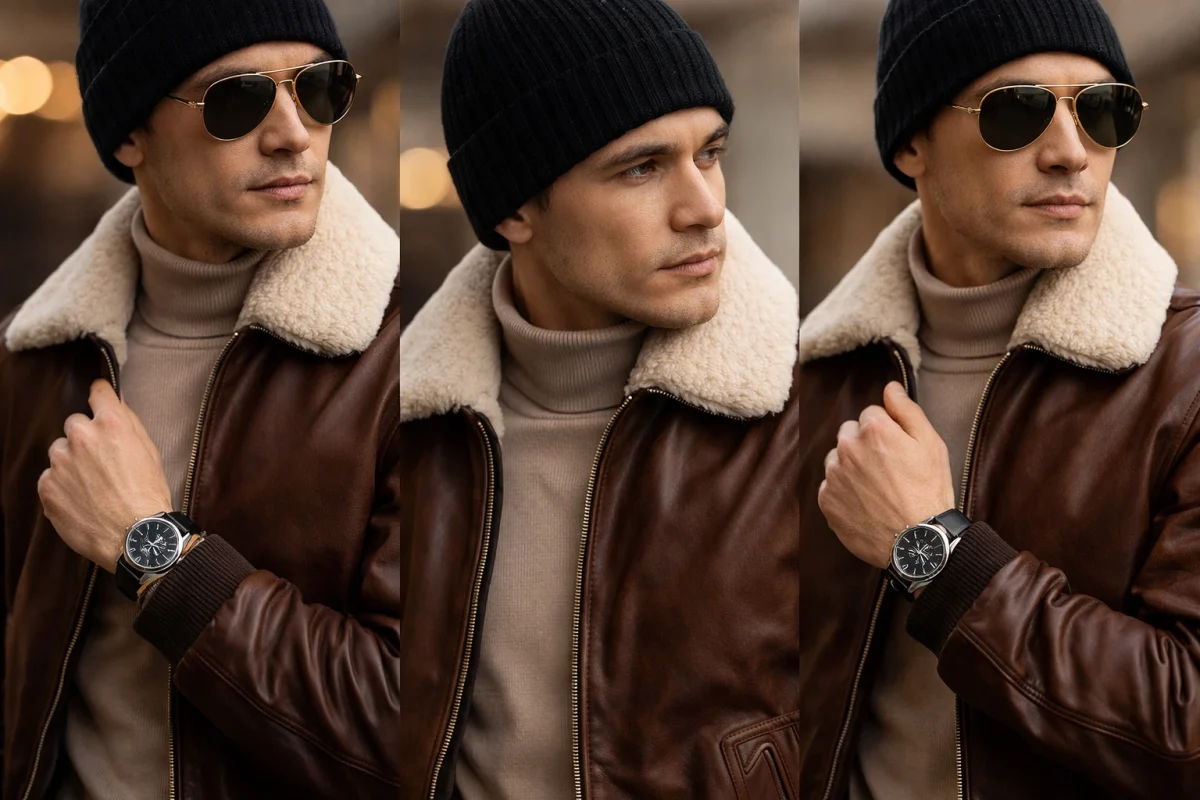 Accessoires avec blouson aviateur homme lunettes aviateur montre et bonnet pour compléter une tenue