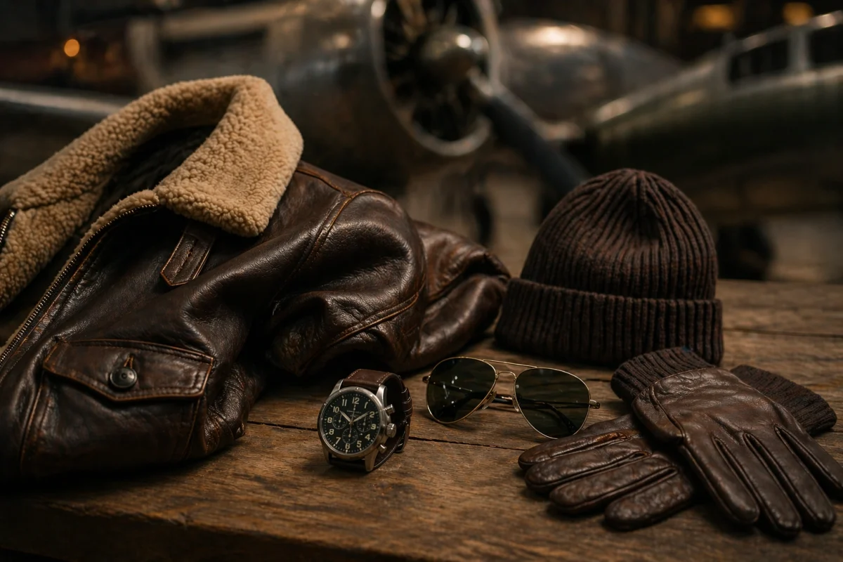 Accessoires pour blouson aviateur homme avec montre, lunettes et gants dans un univers aviation élégant