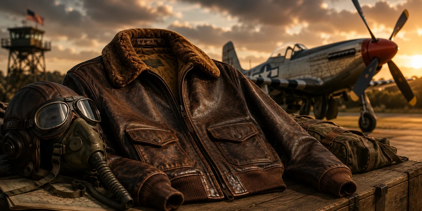 Blouson aviateur en cuir historique posé devant un avion militaire de la Seconde Guerre mondiale illustrant l’histoire du blouson d’aviateur