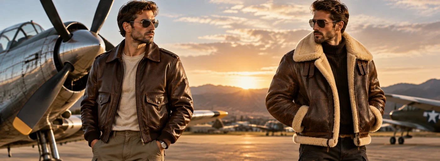 Comparaison entre un blouson aviateur en cuir et un bombardier fourré devant des avions