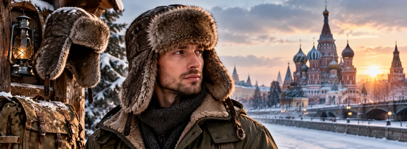 Homme portant une chapka russe traditionnelle en fourrure avec oreillettes, associée à une veste d'hiver, dans un paysage enneigé à Moscou.